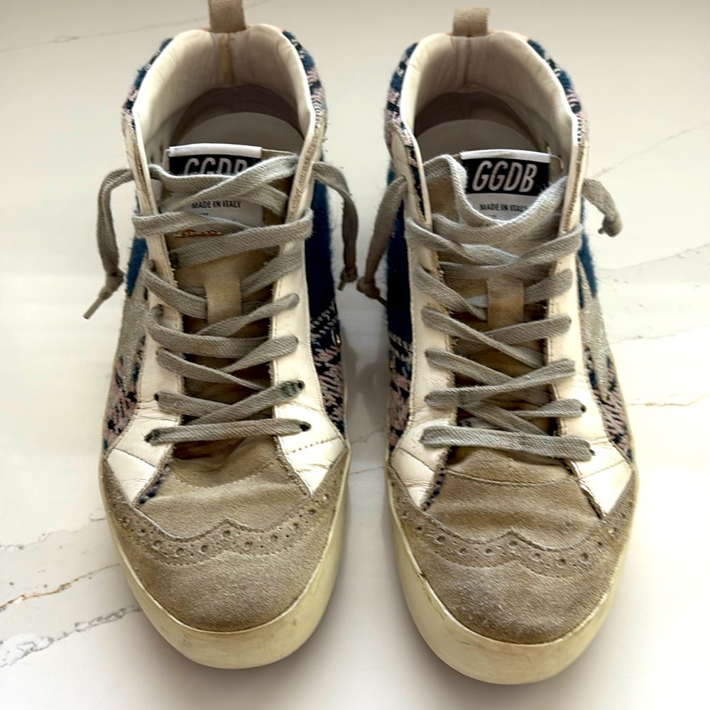 Golden goose sneakers navy plaid with grey leather trim & silver glitter star 39